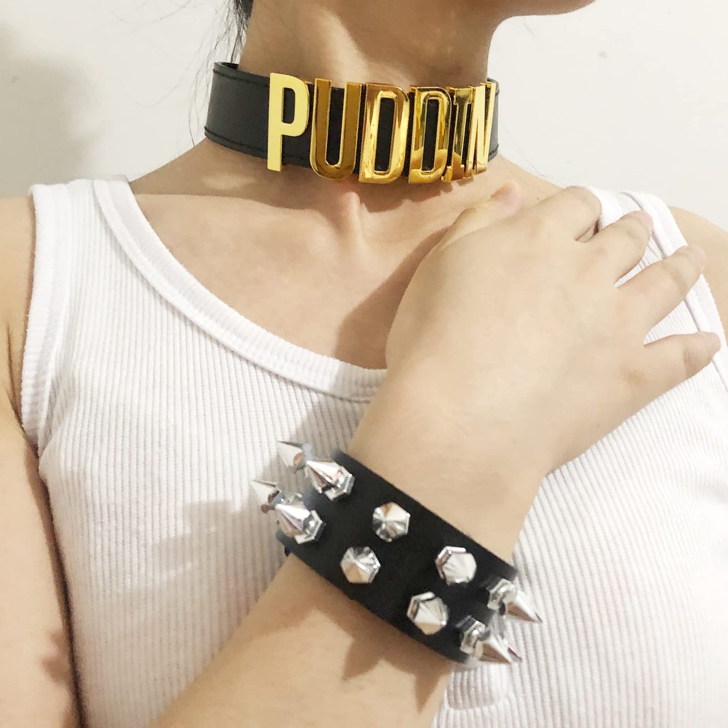 Ymimanchil Puddin Choker Bracelet Set Punk Leather Bracelet Letter Collar Cosplay Accessory for Women Halloween Party Costume