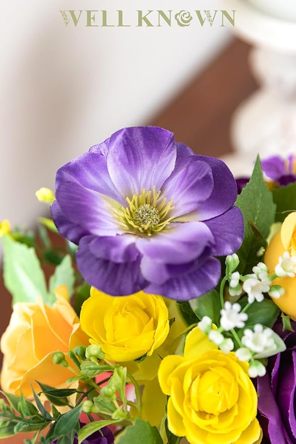 WELL KNOWN Small Fake Flowers in Plastic Vase 7" Centerpieces Coffee Table Decor, Silk Flower Arrangements for Home Decor Indoor Artificial Flower Bouquet for Dining Room Kitchen Wedding Yellow Purple