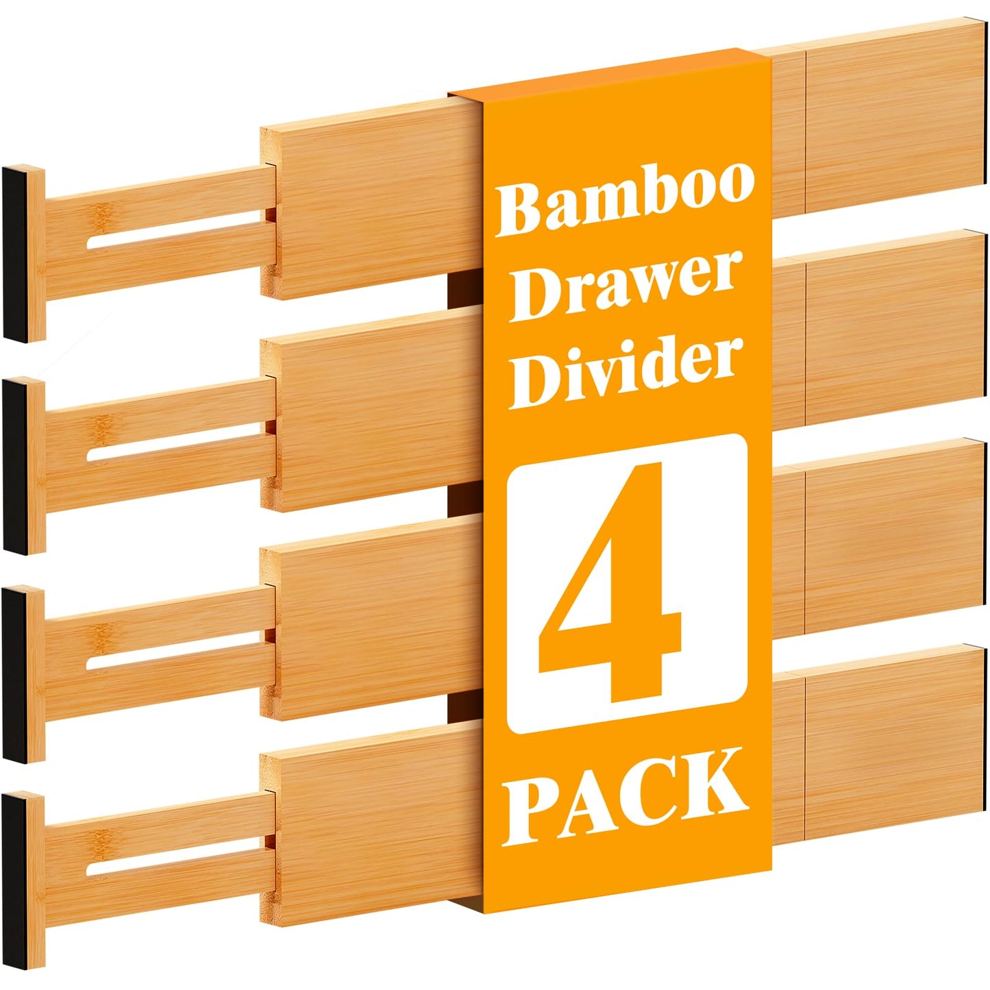 Ryqtop Bamboo Drawer Dividers,12-21" Adjustable Drawer Organizers for Clothes,Expandable Dresser Separators in Kitchen/Bedroom/Bathroom/Vanity/Office Organization and Storage,4-Pack