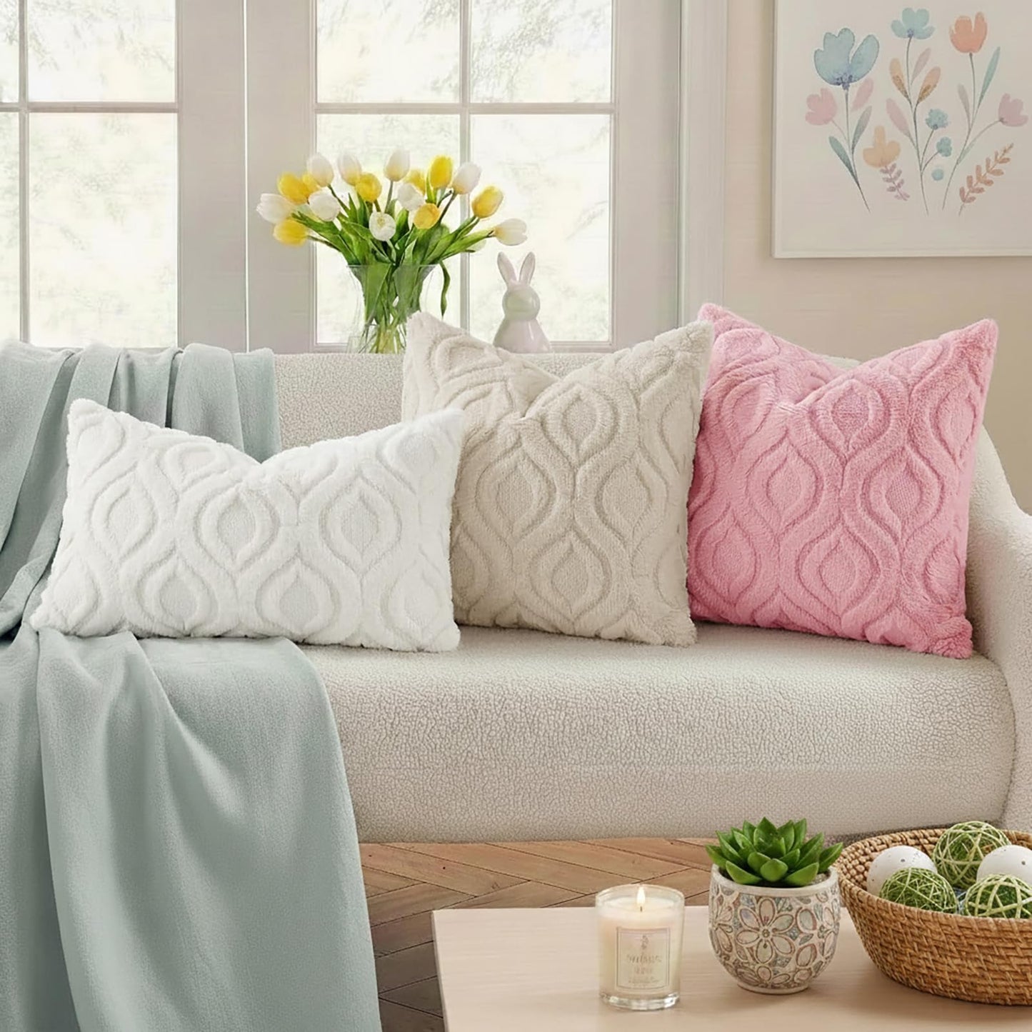 decorUhome Fall Throw Pillow Covers 18x18 Inch Set of 2, Soft Plush Faux Wool Beige Solid Couch Pillow Covers, Accent Farmhouse Neutral Square Pillow Cases for Sofa Bed Living Room