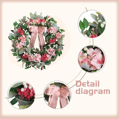 22” Summer Wreath with Hydrangea Lamb's Leaves, Summer Floral Wreaths with Ribbon Bow for Front Door Wall Window and Holiday Festival Party Banquet Wedding Decor