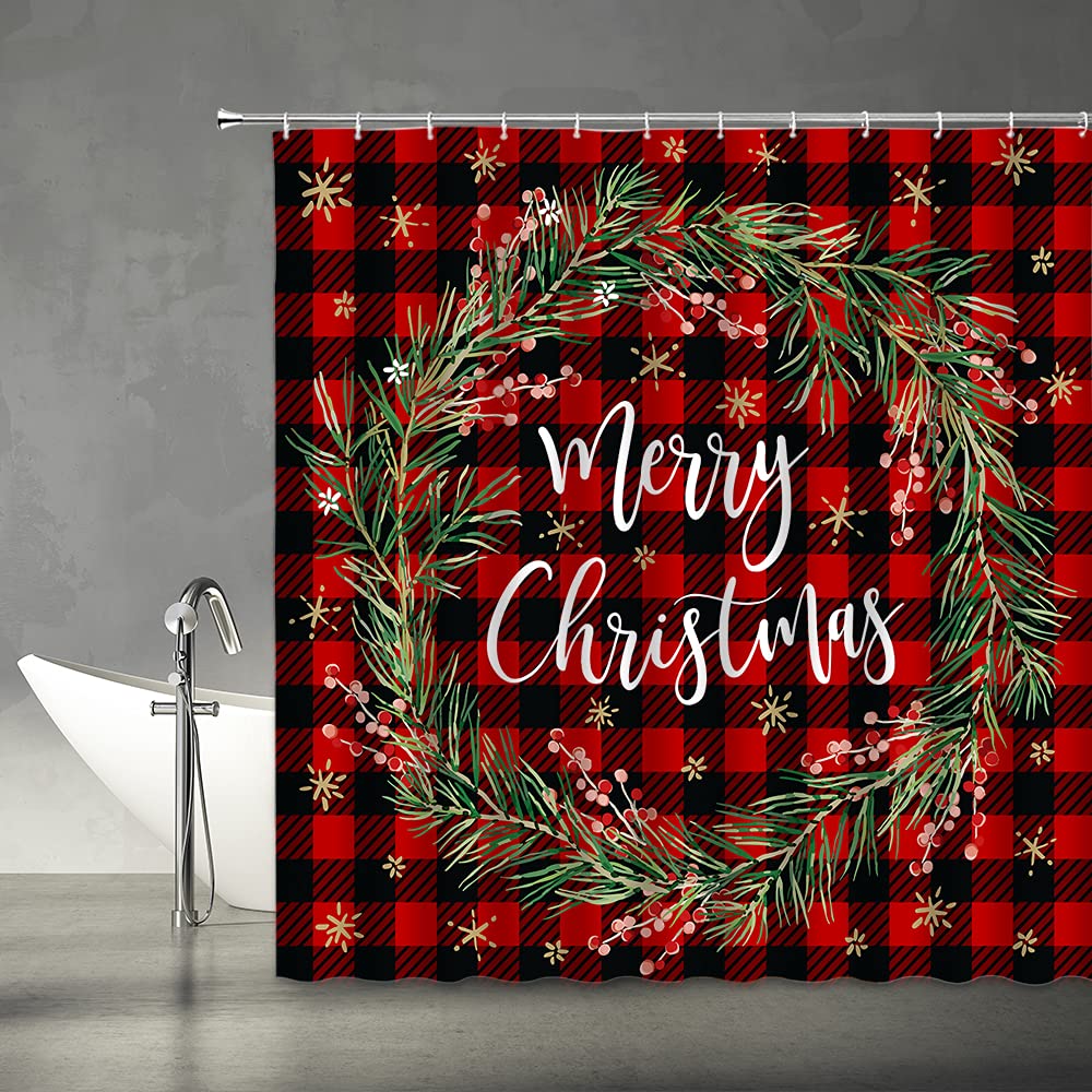 Merry Christmas Shower Curtain Xmas Garland Holly Wreath Snowflake Red Checkered Plaid Berry Winter Holiday Happy New Year Fabric Bathroom Decor Set with Hooks（70" WX70 H）