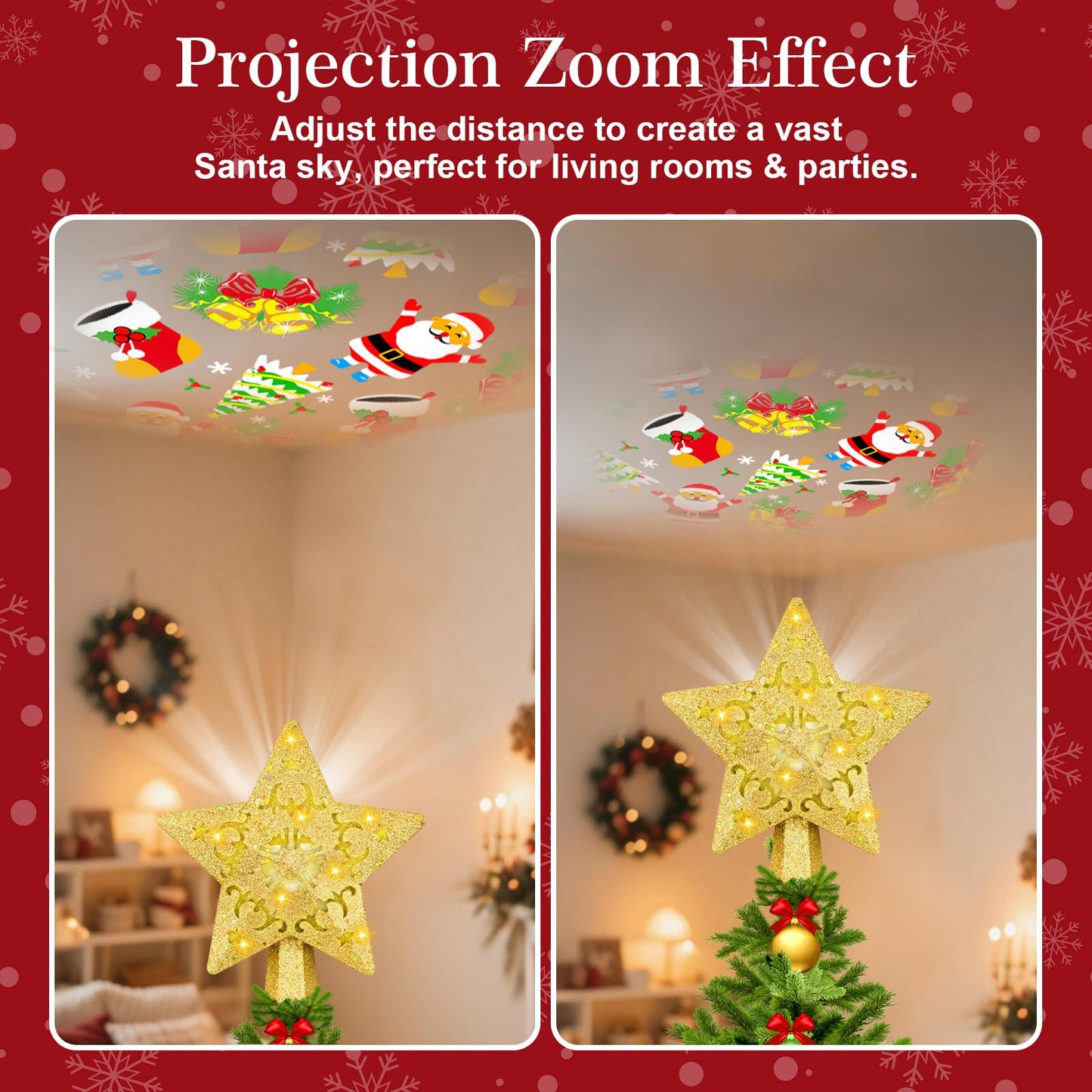 Christmas Tree Topper with Built-in 360° LED Rotating Projector, 3D Hollow Sparkling Gold Star, 3m Plug in Christmas Tree Top Decorations, Indoor Office Party Holiday Home Xmas Treetop Cool Ornament