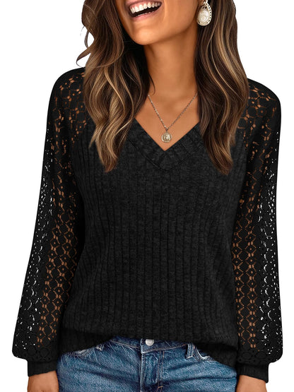 AUTOMET Women Long Sleeve Shirts Fall Lace Tops 2025 Fashion V Neck Sweaters Dressy Casual Winter Tunic Blouse Trendy Outfit
