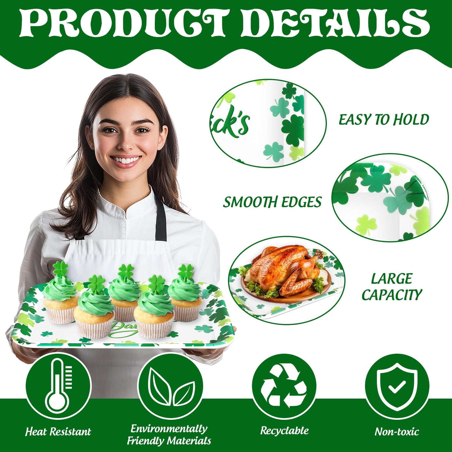 JarThenaAMCS 3Pcs Happy St. Patrick' s Day Serving Trays Shamrock Reusable Serving Dishes Lucky Clover Platter for Irish Holiday Party Sharing Snacks Fruits Dessert, 13 x 10 Inch