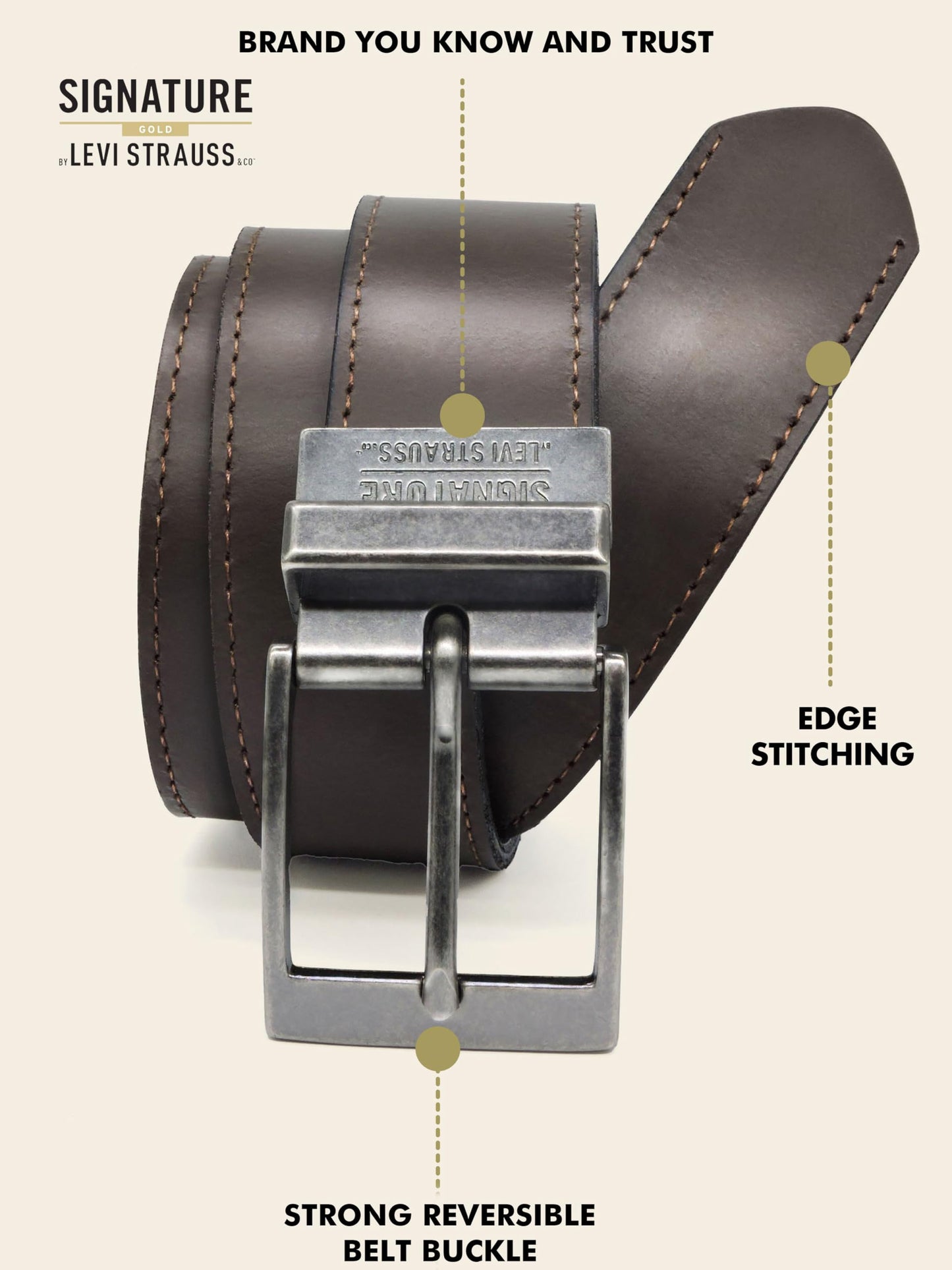 Levi Strauss Signature - Premium Leather Reversible Belt for Men for Jeans, Work, Dress & Casual pants | Cinturon Para Hombre (Brown/Black/Stitch Creased Edge, 36)