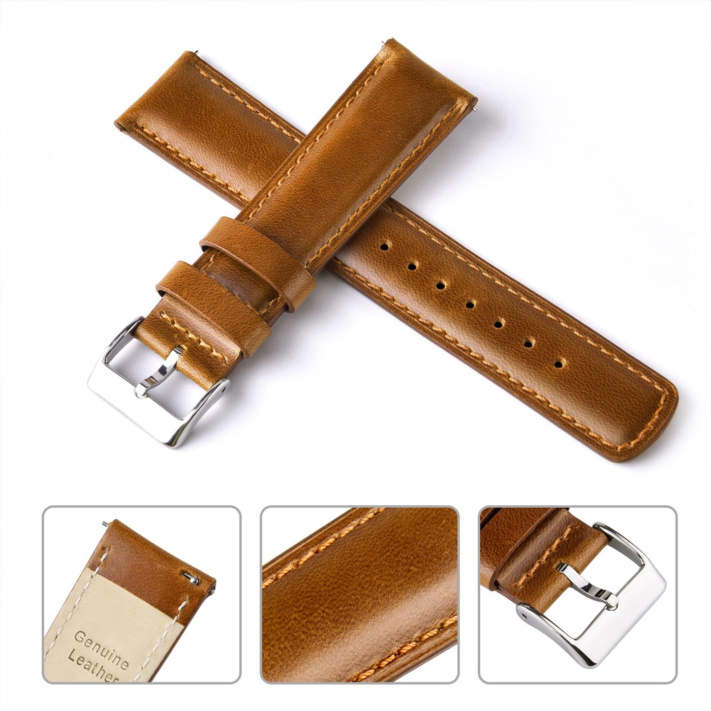 Ritche Quick Release Leather Watch Bands Genuine Watch Straps for Men Women- 18mm 20mm 21mm 22mm 23mm 24mm Top Grain Leather Watch Strap, Toffee Brown & Silver, 24mm, Classic