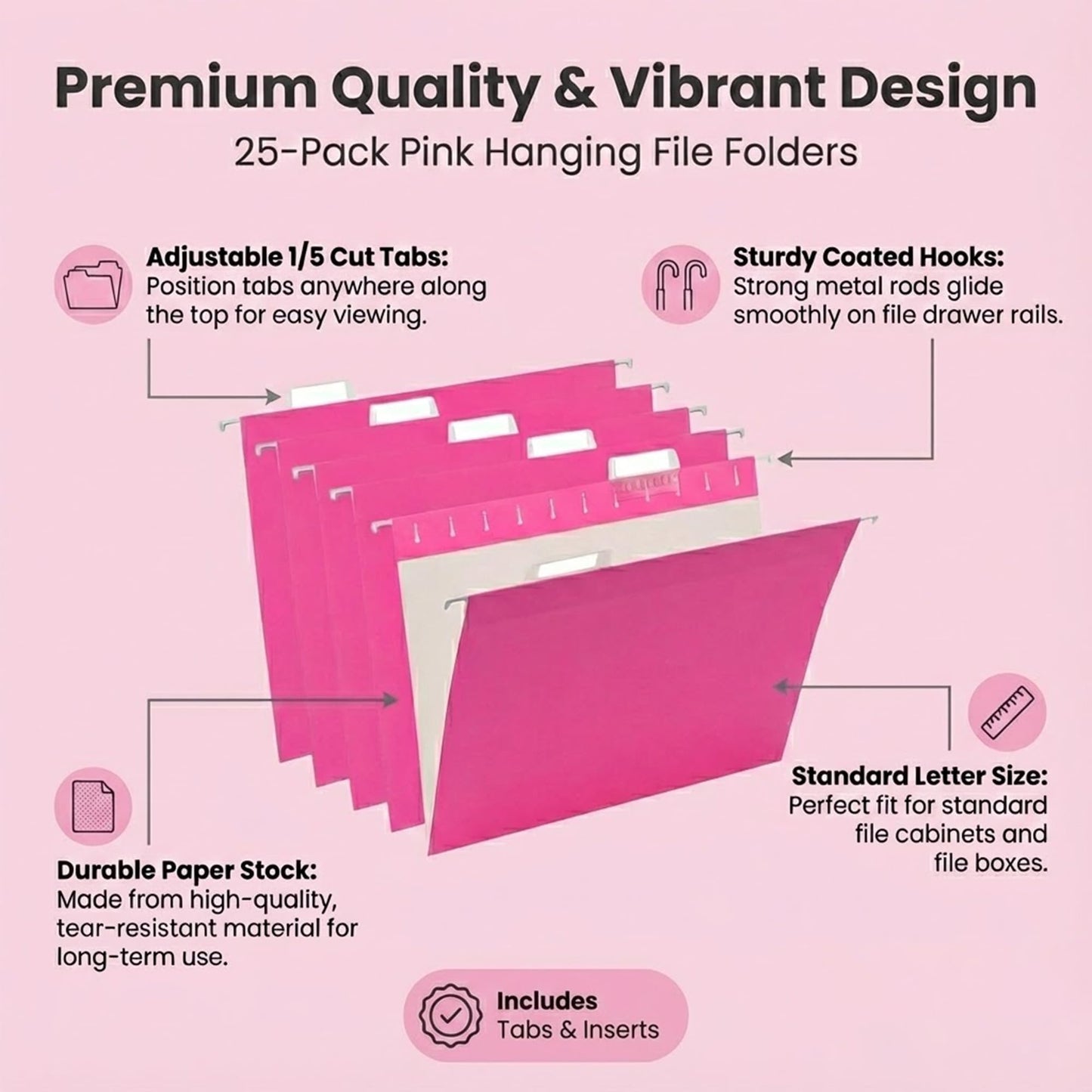 VZCPYTPM Pink Hanging File Folders Letter Size,25 Pack Reliable Hanging Folders for Filing Cabinet,Reinforced Rods for Smooth Gliding,Includes 1/5 Adjustable Tabs & Inserts,Ideal for Home & Office