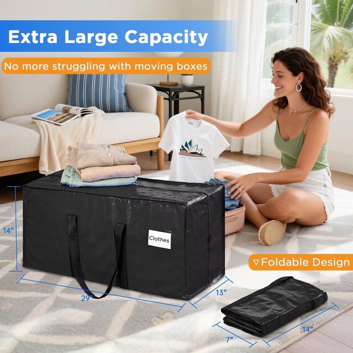 BETU 8 Pack Moving Bags Moving Storage College Dorm Camping Packing Travel PE Heavy Duty, Sturdy Handle, Zipper Large Storage Tote Bag Moving Boxes Box Alternative - Black 29L x 14W x 13H