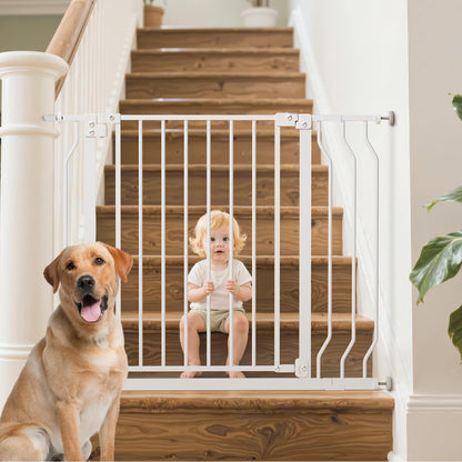 MUTAK 29-43" Baby Gate for Stairs, Baby Safety Essentials, Auto Close Gate for Doorways, Easy Install Pressure Mounted Dog Gate Indoor, Pet Gates for Dogs, White
