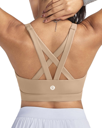 RUNNING GIRL Sports Bra for Women, Criss-Cross Back Padded Strappy Sports Bras Medium Support Yoga Bra with Removable Cups(WX2575 Nude 2XL)