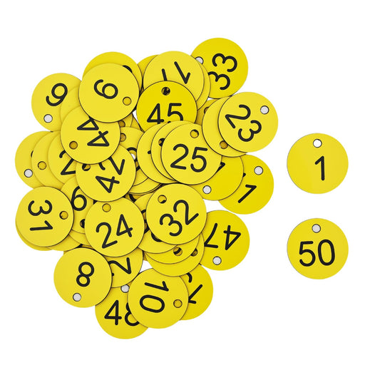 1-50 Plastic Number Tags, Round Engraved Numbered Key Tag with Labels, Yellow Keychain Identifier, Suitable for Coat Check Lockers Offices Schools Storage Cabinets Organization