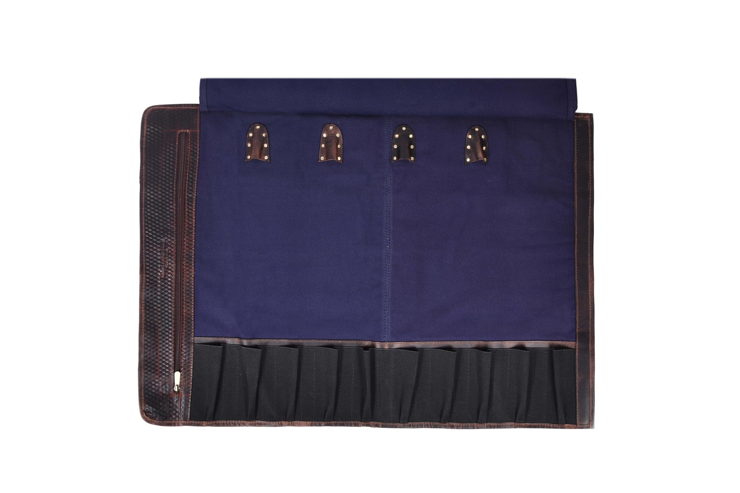 Leather Knife Roll Storage Bag, Elastic and Expandable 10 Pockets, Adjustable/Detachable Shoulder Strap, Travel-Friendly Chef Knife Case (Navy Blue, Canvas)