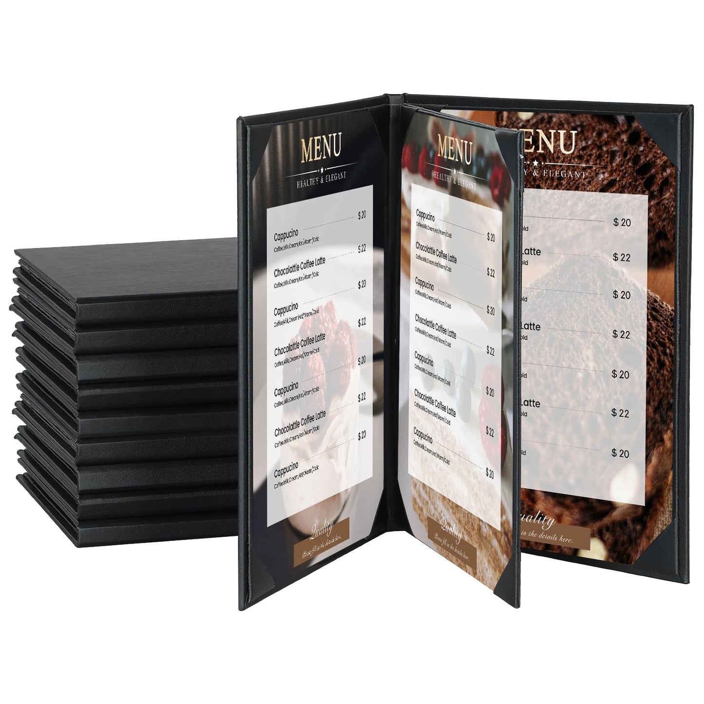 AMGSH 4 View 10 Pack Menu Holder Menu Covers 8.5" x 11" | Certificate Holder Diploma Holder Black Leather Menu Sleeves Book Style for Restaurant Coffee Bars Wine List Fit for Letter Size Paper