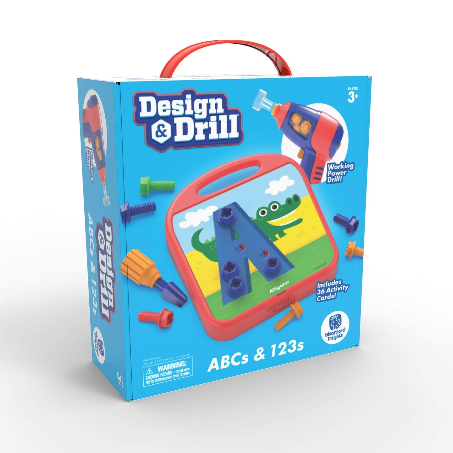 Educational Insights Design & Drill ABCs & 123s - Construction Toys & Toddler Tools, Kids Tool Set with Real Electric Drill Toy, Preschool Learning Activities, Building Kits and Gifts for Ages 3+