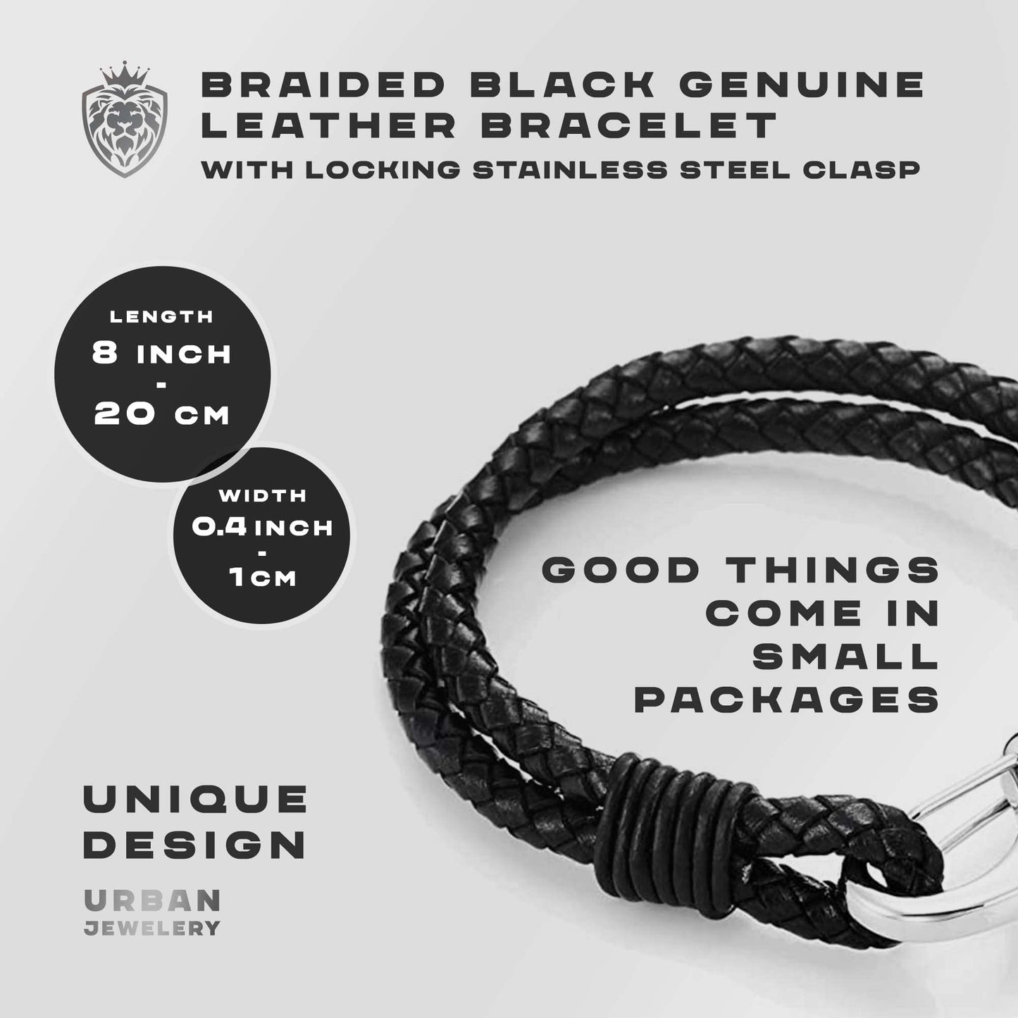 Urban Jewelry Braided Black Genuine Leather Bracelet with Locking Stainless Steel Clasp (Black, Silver, Length 8")