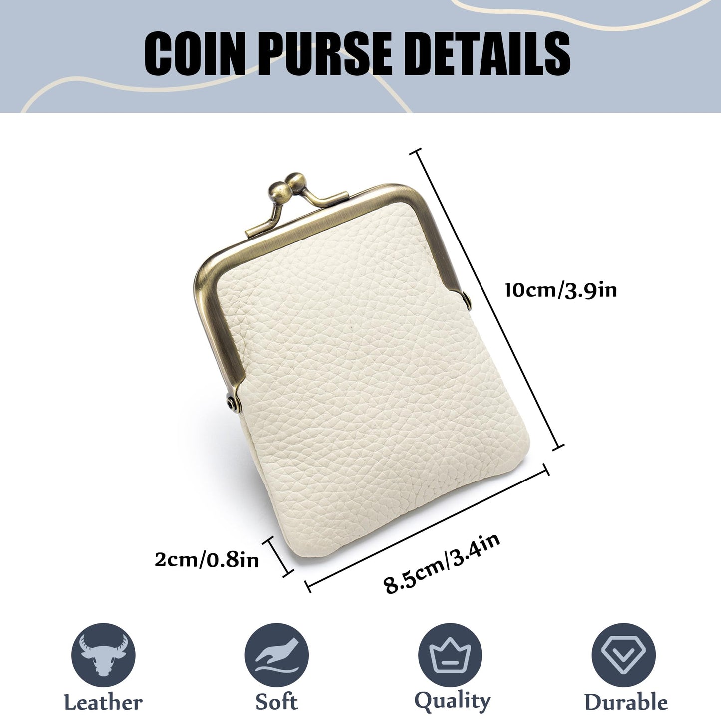 ZZHAOYI Women Genuine Leather Clutch Coin Purse Mini Kiss Lock Change Purse Wallet Slim Retro Coin holder Purse (White)