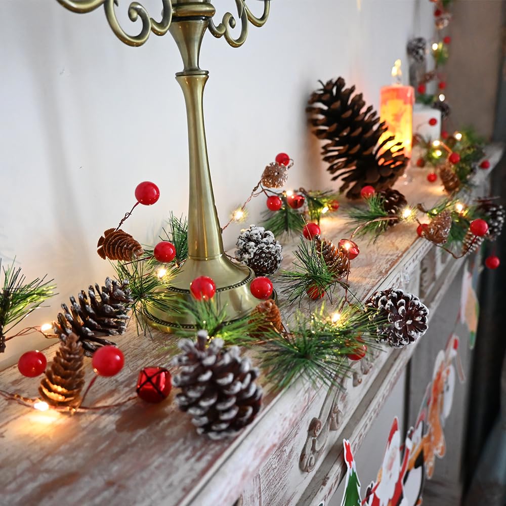 PALONMY Pine Garland with Lights Christmas Garlands 6.56FT 20LED Battery Operated Garland with Red Berry and Holiday Pinecones Prelit Lights for Home Windows Fireplace Stairs