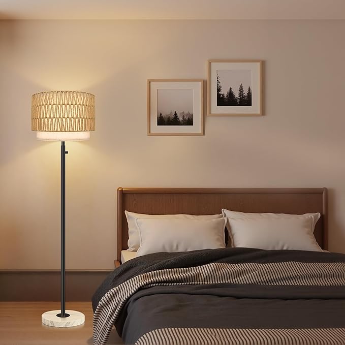 Floor Lamp for Bedroom,Rattan Floor Lamp,Modern Standing Lamp with Marble Base,Dimmable Standing Lamp for Bedroom, Reading,Office & Kids' Room,LED Bulb Included(Rattan)