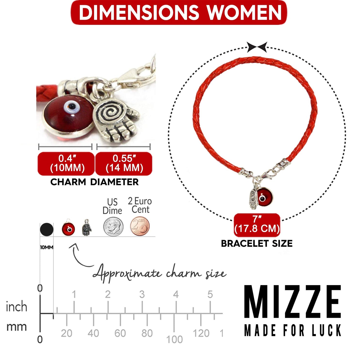 Hamsa Hand Protection Bracelet for Women - 7" Silver Hamsa Charm on Red Leather Evil Eye Bracelet - Ojo Jewelry - Birthday Anniversary Friendship Gift