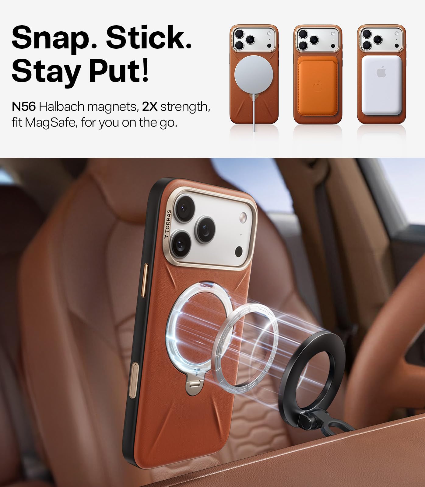 TORRAS Organic Leather for iPhone 17 Pro Case with Stand, Fit for Magsafe, 360 Spin Stand with Camera Control, Premium Leather Durable Stylish Q3 VegSkin for iPhone 17 Pro Phone Case, Saddle Brown