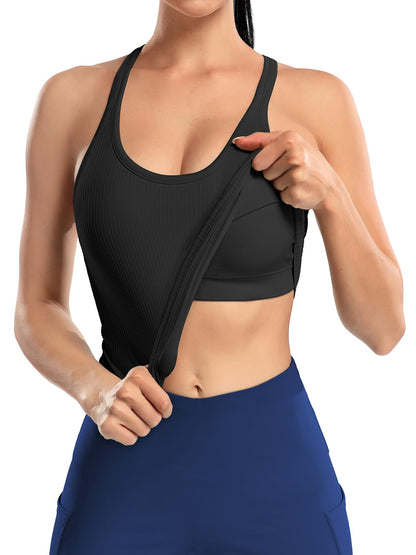 ATTRACO Ribflex Women's Athletic Tank Tops Longline Sports Bra Workout Cropped Top Black M