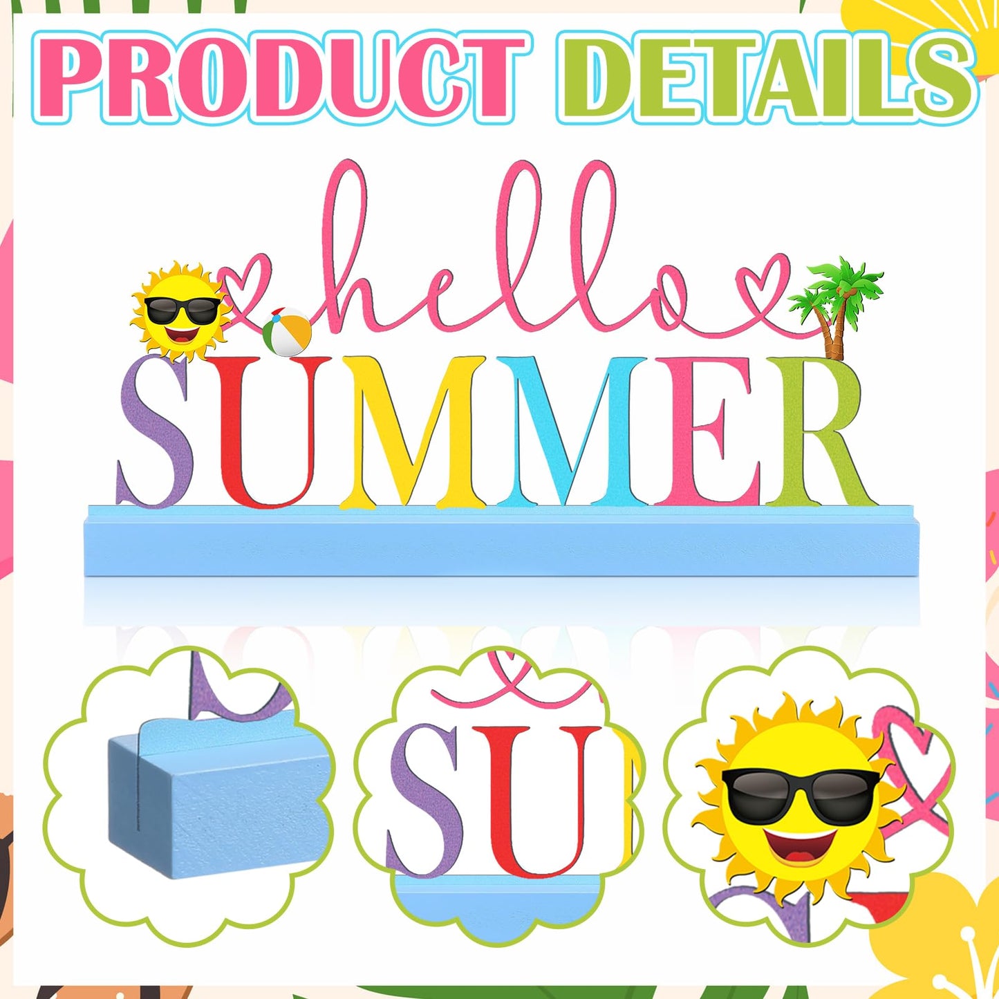 Yaocom 11.81 Inch Summer Table Sign Hello Summer Metal Letter Decor Freestanding Tabletop Decoration with Wooden Base Cutout Word Sign for Home Tiered Tray Centerpiece Mantel Shelf Fireplace