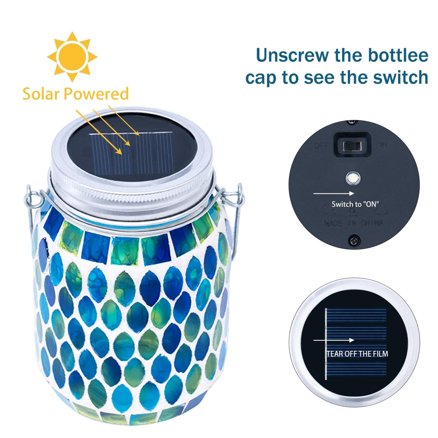 Rancco Blue Mosaic Solar Lantern Outdoor, Waterproof Hanging Solar Light, Glass Jar Style Mosaic Lamp for Garden Patio Decor, Solar-Powered Pathway Night Light, Unique Gifts for Women Mom Grandma