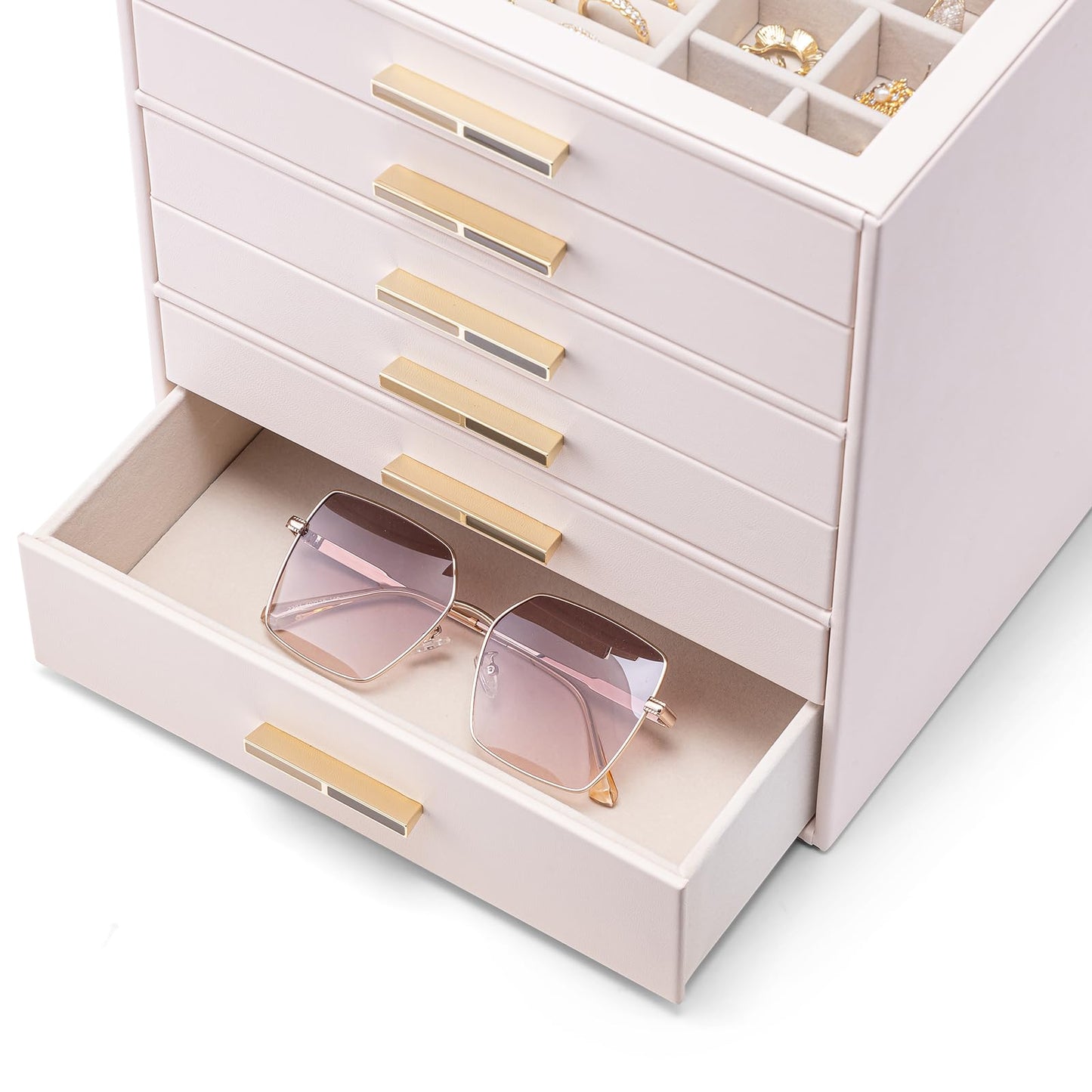 VLANDO 6-Drawer Jewelry Box with Glass Lid, Faux Leather Organizer for Rings Earrings Necklaces and More, Gift-Ready Jewelry Case for Women Girls or Moms, Pink Beige