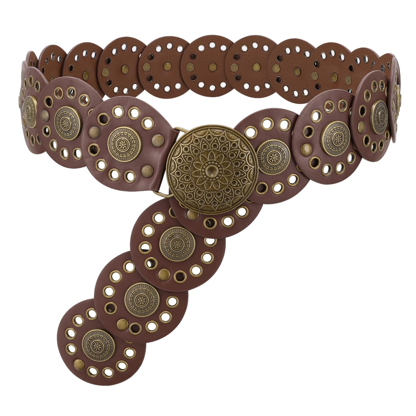 WHIPPY Western Belts for Women Vintage Disc Waist Belts Concho Leather Belts Boho Waist Belt for Dress Jeans, Bronze Brown, S