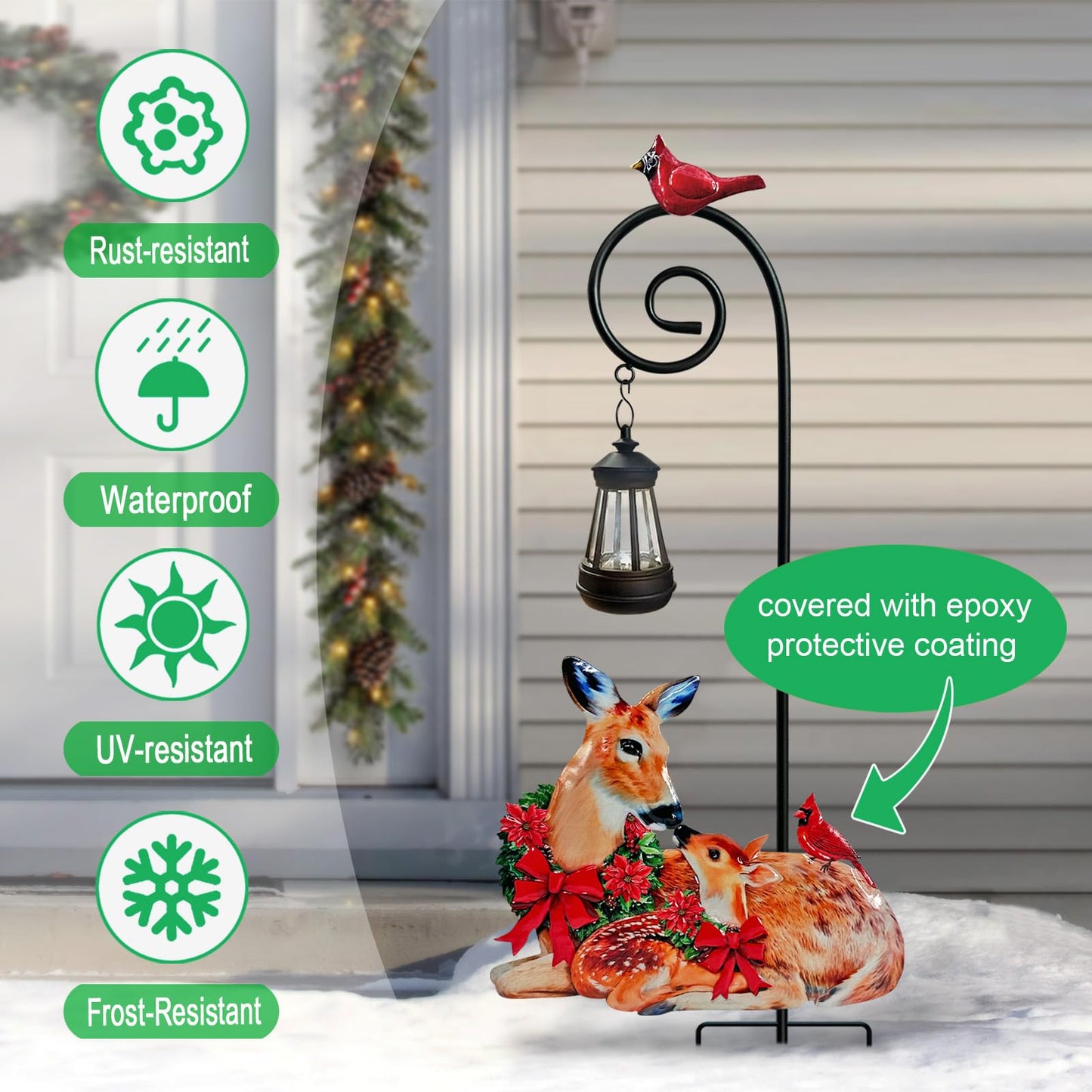 Deer Metal Garden Stake with Solar Lantern,Christmas Decorations Outdoor Waterproof Sloar Lights Outside,Doe and Fawn Outdoor Statue