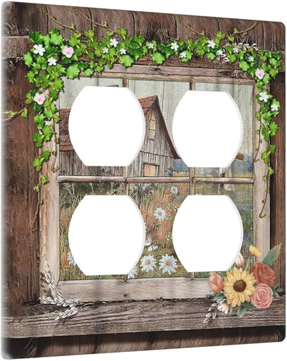 Decorative Light Switch Cover Plate Farm Barn Farmhouse Rustic Country Flower 2 Gang Socket Covers Double Duplex Wallplates Switch Plates and Outlet Covers for Bathroom Home Decor