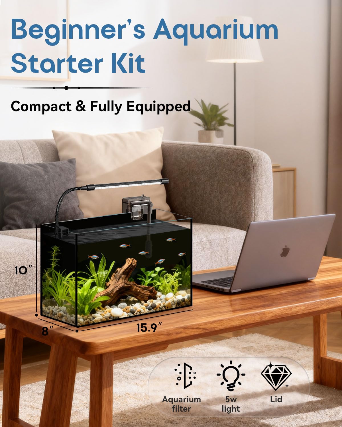 Glass Fish Tank Kit, 5 Gallon Betta Fish Tank Aquarium Starter Kit with Filter, Lights, Lid, for Betta, Goldfish, Small Fish or shrimg