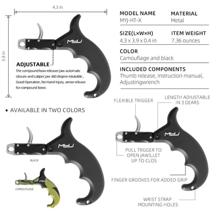 MOYJ Compound Bow Release Aids Trigger 4 Finger Caliper Jaw Rotation Black/Camo Box Packaging Thumb Arrow Release for Adults Hunting Shooting Youth Training Archery Release (Black)