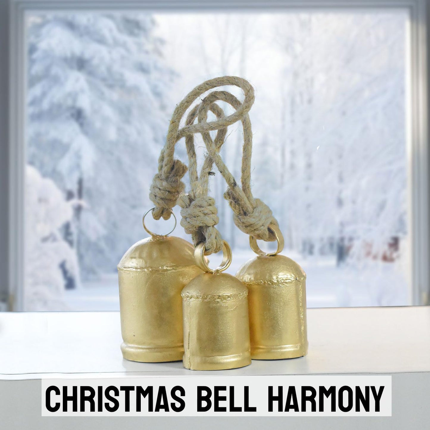 Christmas Hanging Large Cow Bells - Rustic Golden Metal Bells for Farmhouse, Garden & Holiday Décor (Medium (5”4”3” Inch))