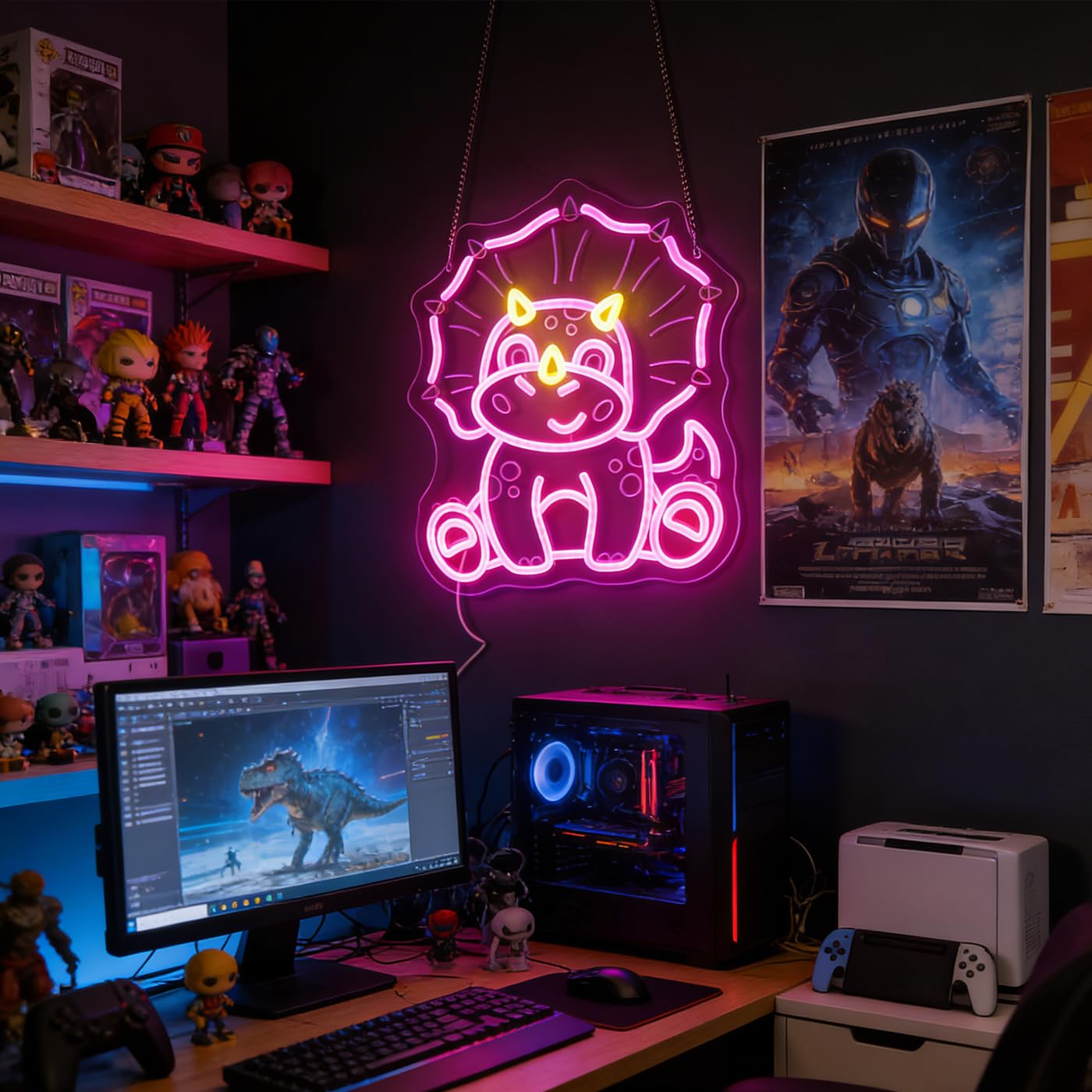 Nordstylee Cute Triceratops Dinosaur Neon Light - Pink Dimmable LED Wall Sign for Girls Room Decor, USB Powered with Hanging Kit, Bedroom Nursery Party Christmas Wall Art Gift for Dino Lovers