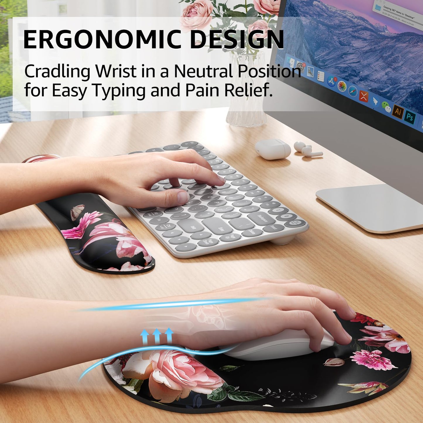 KTRIO Ergonomic Keyboard Wrist Rest and Mouse Pad with Wrist Rest Set, Memory Foam Wrist Support for Typing, Gaming, Office and Home Use, Pale Pink, Peony Flower