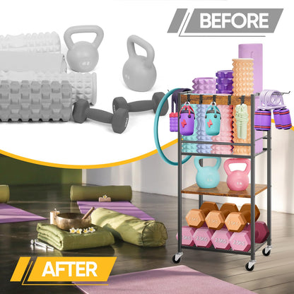 Home Gym Storage Rack, Heavy Duty Yoga Mat Holder Workout Equipment Storage Organizer Weight Rack with Hooks & Wheels for Dumbbells Kettlebells Dumbbell Yoga Block Foam Rollers Yoga Strap Resistance