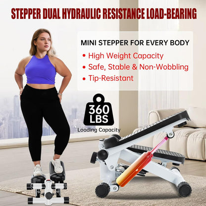 Steppers for Exercise at Home, Mini Stepper with Resistance Bands, Hydraulic Fitness Stepper with LCD Monitor, 360LBS Weight Capacity Portable Stair Stepper for Small Spaces