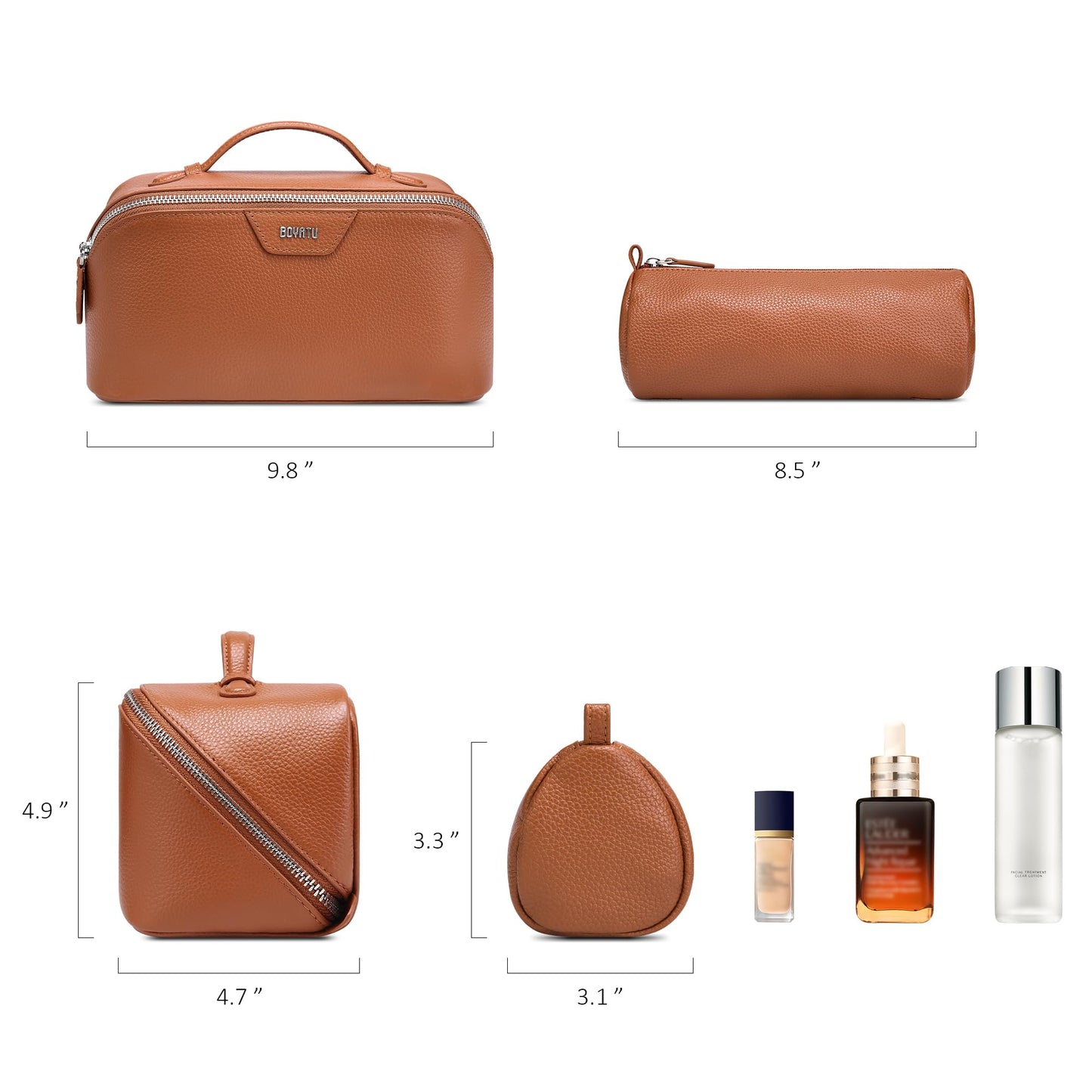 BOYATU Genuine Leather Travel Makeup Bag: Large Capacity 3 Pcs Set Cosmetic Bags for Women - Designer Waterproof Hand-made for Toiletry Organizer - Ladies Travel Essentials for Elegance (01Brown)
