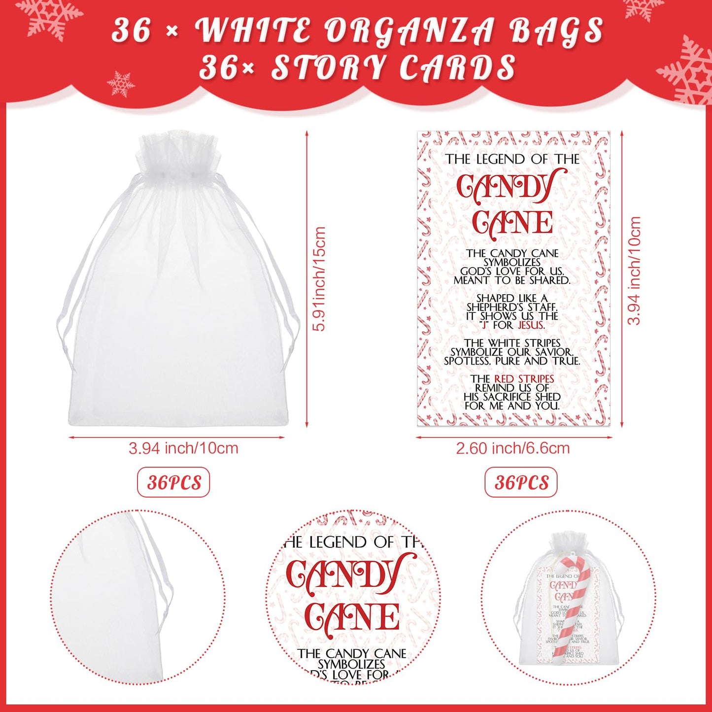 Cholemy 36 Sets Christmas Candy Cane Hanging Ornaments Gifts Including 36 Candy Cane Ornaments and 36 Legends of Story Cards with 36 Organza Bags for Christmas Tree Home Party Decor