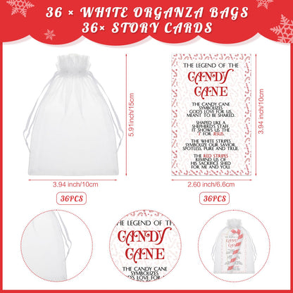 Cholemy 36 Sets Christmas Candy Cane Hanging Ornaments Gifts Including 36 Candy Cane Ornaments and 36 Legends of Story Cards with 36 Organza Bags for Christmas Tree Home Party Decor