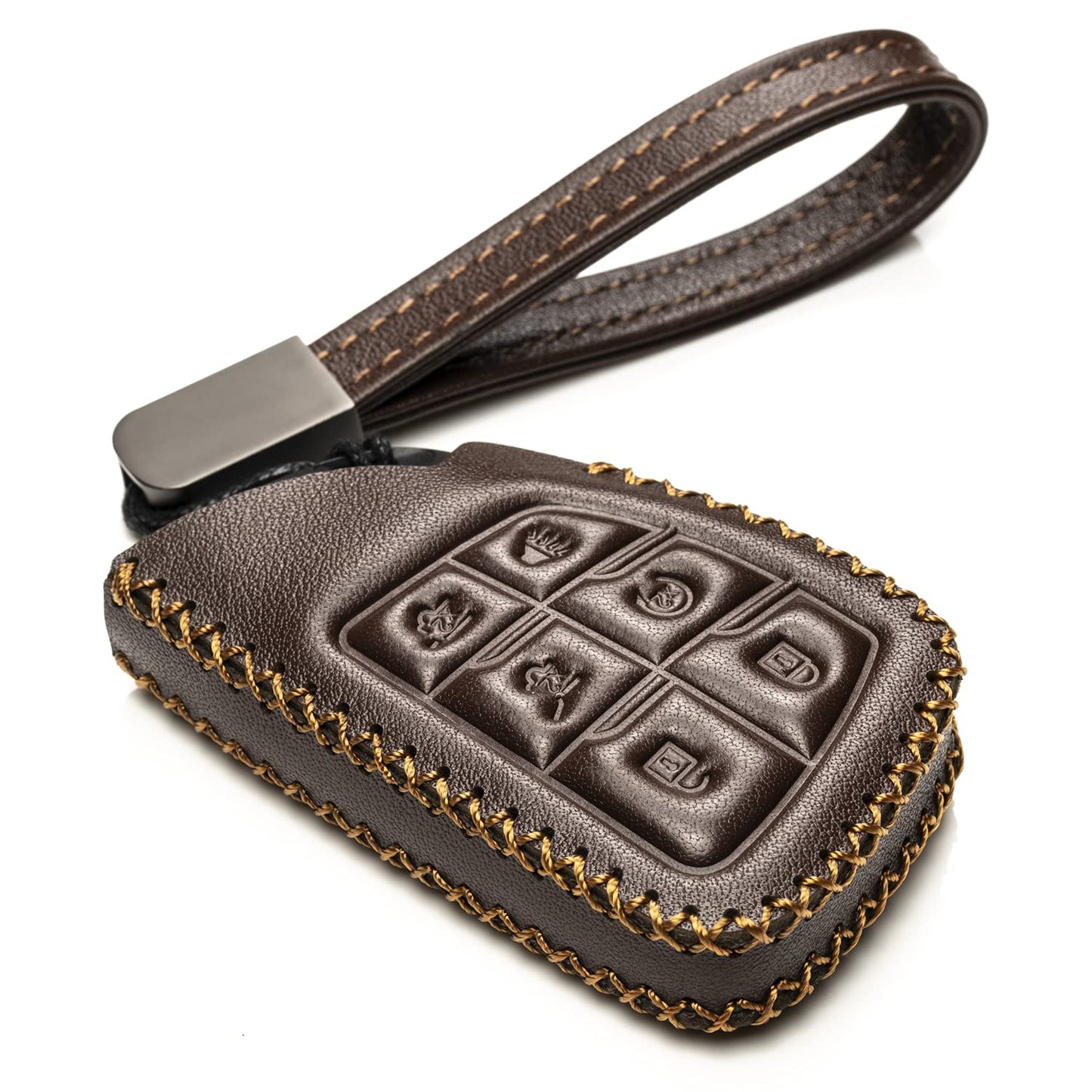 Vitodeco Leather Smart Key Fob Case Cover Protector Compatible with Chevrolet Silverado, Colorado, Suburban, Tahoe, Blazer, Equinox, Traverse - 6-Button, Brown