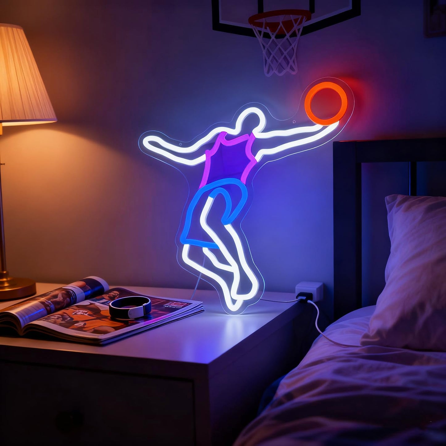 Mvorixa Basketball Neon Sign for Wall Decor, Basketball LED Sign Slam Dunk Neon Lights, Dimmable Neon Basketball Sign for Boys&Girls Game Room, Man Cave, Fan Party, Teen Bedroom & Sports Fans (15.07x12.71 in)