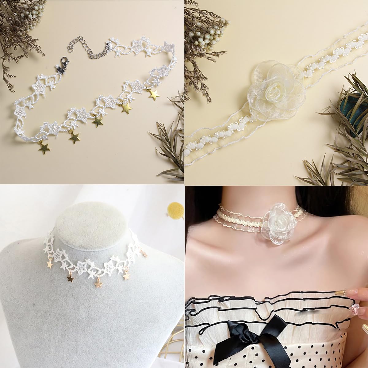 Nova&Aria 6PC Brown Chokers Set For Women Pearl Choker Necklaces Flower Pendant Velvet Cute Choker Necklace Classic Tattoo Colorful Lace Chokers-48