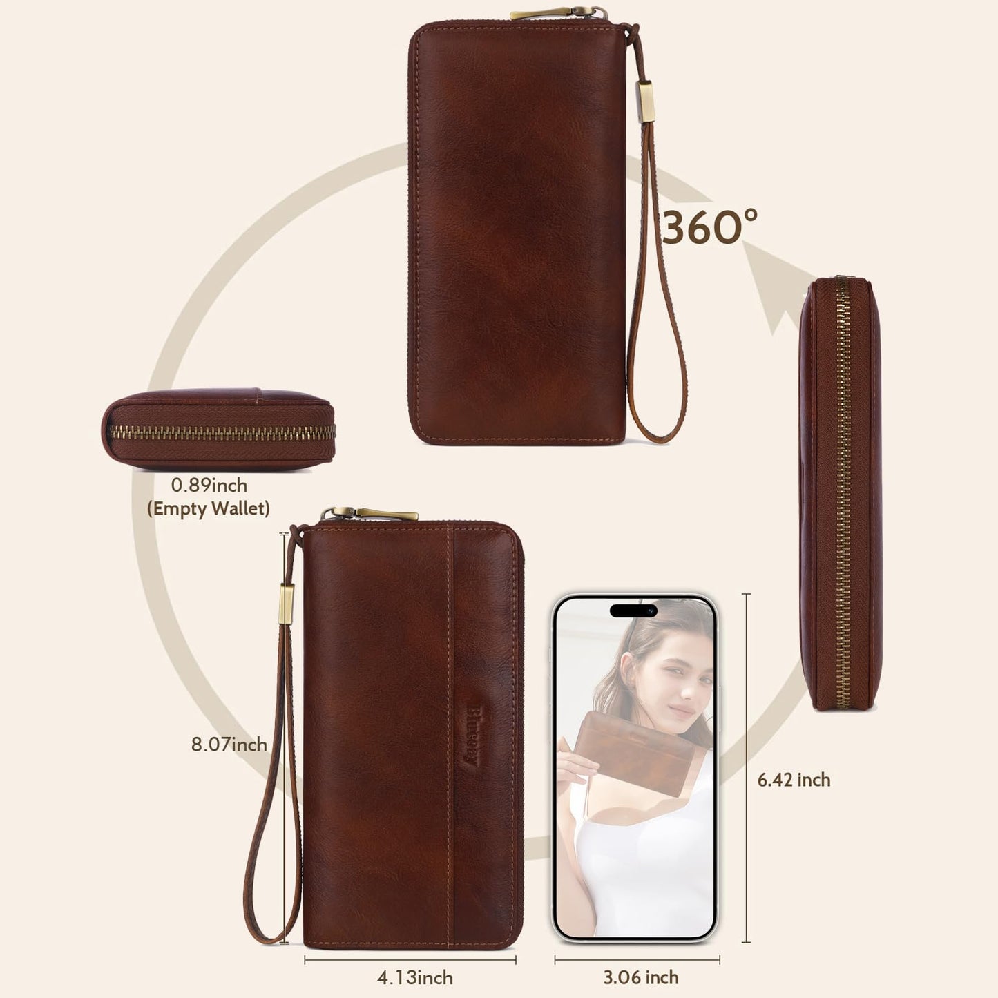 Blucoay Leather Wallet Women Wristlet RFID Blocking Large Capacity Long Wallet For Women Card Holder With Zip Coin Pocket(darkbrown)