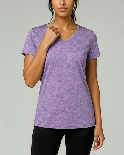 Real Essentials 5 Pack: Women's Dry-Fit Short Sleeve V Neck T Shirt Workout Fitness Yoga Top Tee, Set 7, M