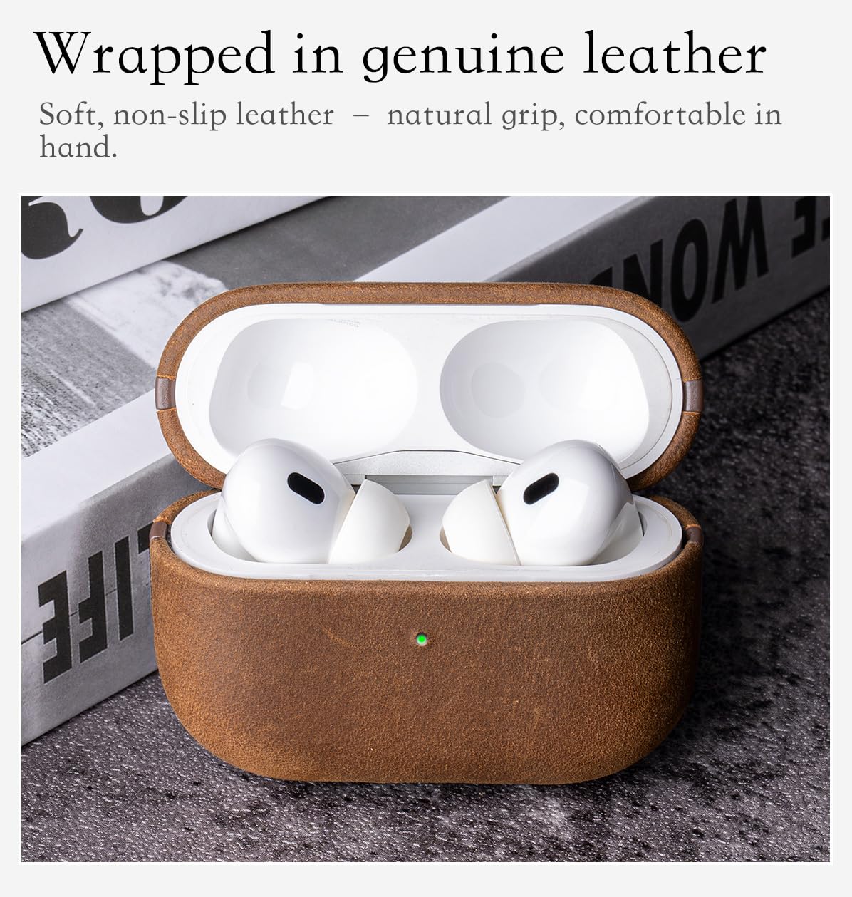 HanFab Artisan Hand-Wrapped Leather Case for AirPods Pro 2 | Crazy Horse Leather | MagSafe & Qi Compatible | Microfiber-Lined Scratch Protection | Hard Case for AirPods Pro 2nd Generation - Brown