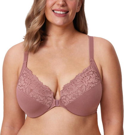 DELIMIRA Women's Front Closure Plus Size Full Coverage Lace Underwire Racerback Bra