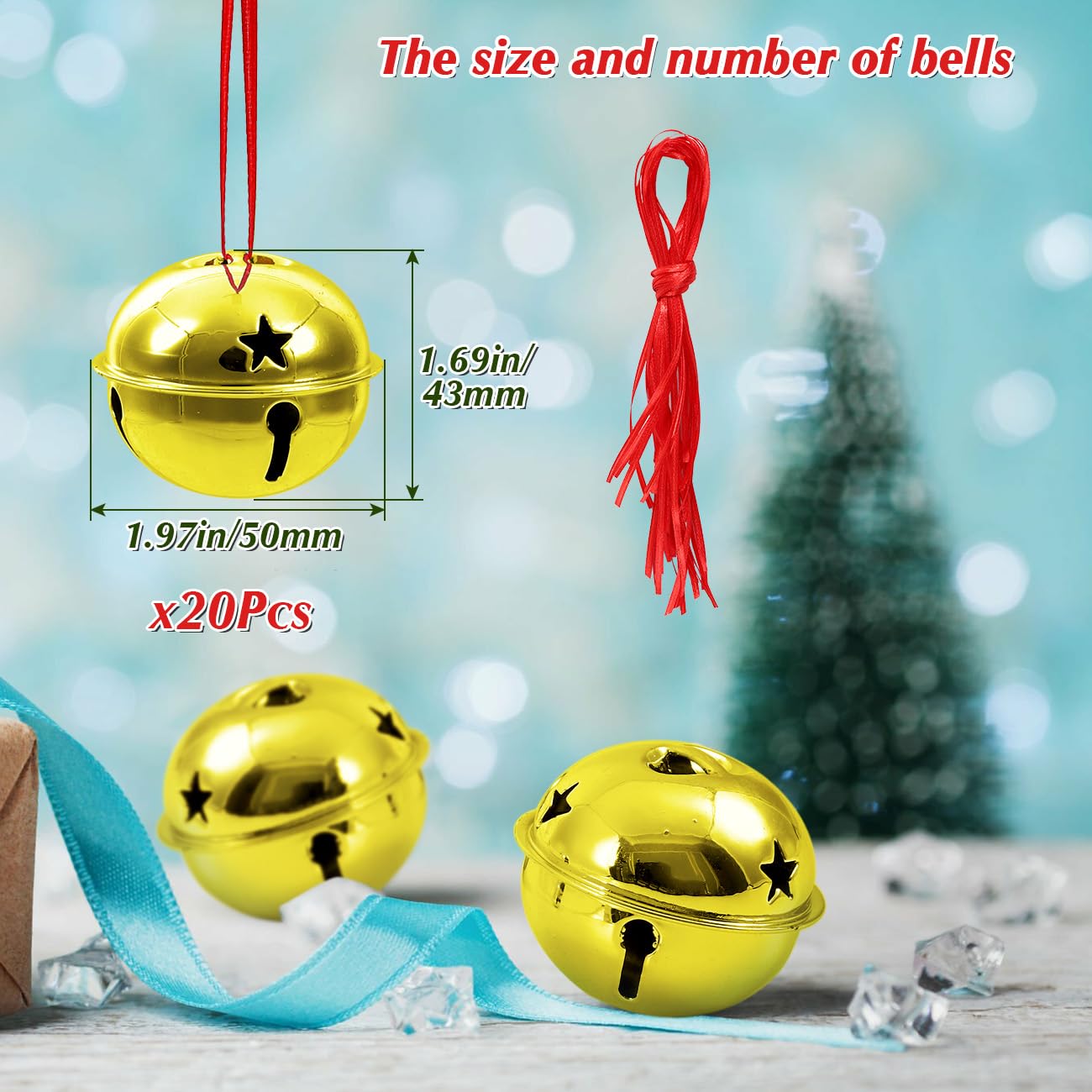 20 Pcs Gold Large Jingle Bells Ornaments Gifts Bulk -2 Inch Metal Craft Christmas Believe Bell and Red Ribbon for Christmas Tree Decoration Party Gifts Festival Wedding Ornament (Gold-20 pcs-2 inch)